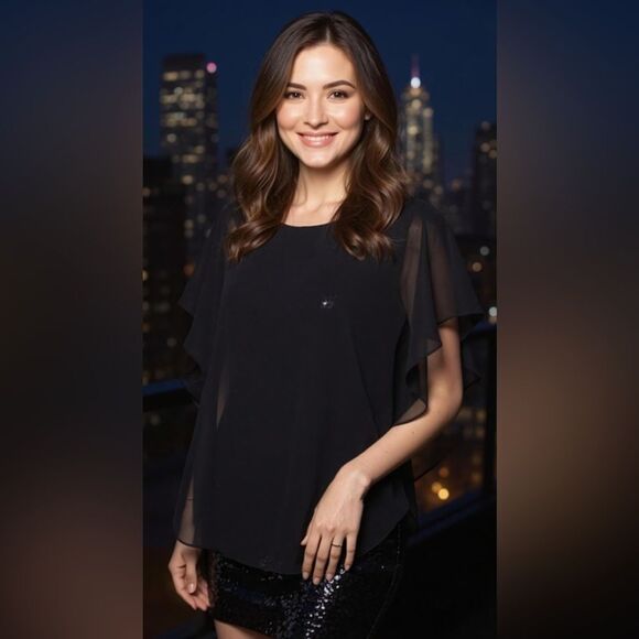 Betsy & Adam Sequin Body-Con Dress with Chiffon Caplet, Black - Picture 1 of 5